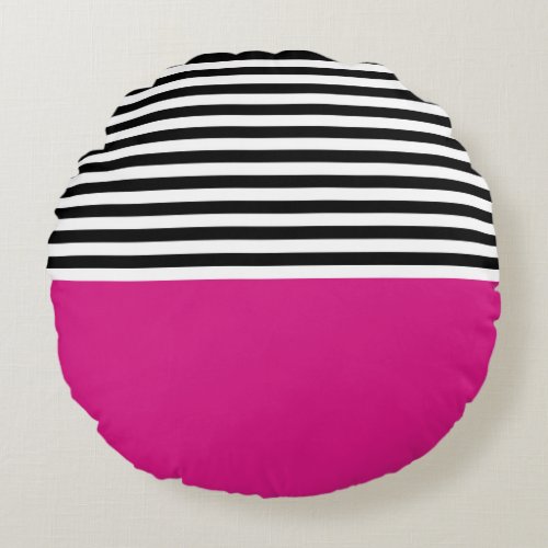 Vivid Pink With Black and White Stripes Round Pillow