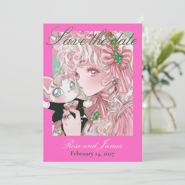Vivid Pink Y2K Anime Gothic Cat Save the Date (Standing Front)
