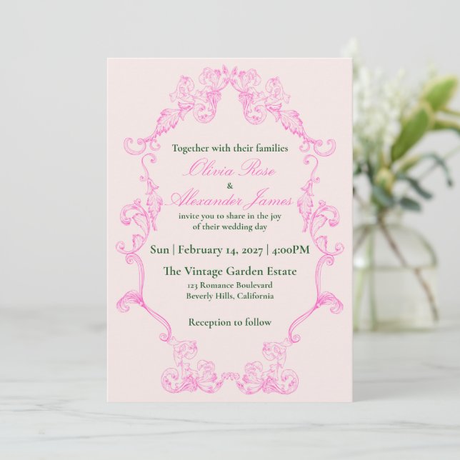 Vivid Pink Y2K Anime Gothic Cat Wedding Invitation (Standing Front)
