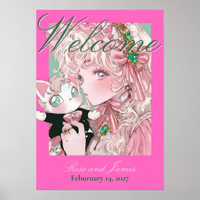 Vivid Pink Y2K Anime Gothic Cat Wedding Poster (Front)