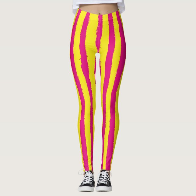 Vivid Pink & Yellow Vertical Striped Leggings (Front)