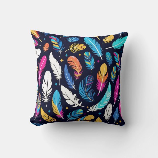 Vivid Plumage Delight: Colorful Wings Feather Throw Pillow (Front)
