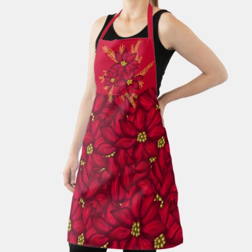 Vivid Poinsettias and Golden Pines Christmas Apron