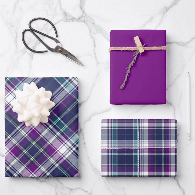 Vivid Purple, Blue & Green Plaid Wrapping Paper Sheets (Front)