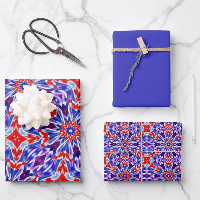 Vivid Purple, Blue, Red & White Pattern Wrapping Paper Sheets (Front)