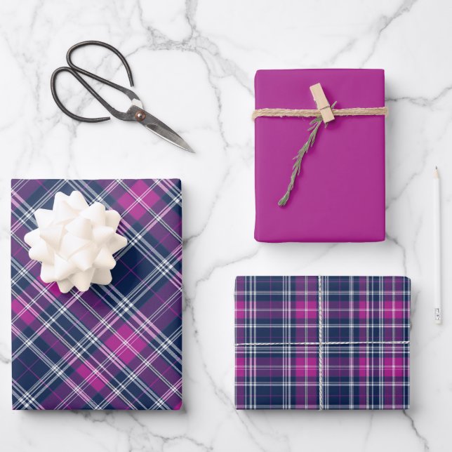 Vivid Purple, Pink & Blue Plaid Wrapping Paper Sheets (Front)