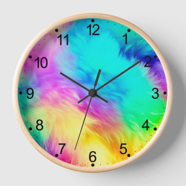 Vivid Rainbow Fluffy Fur Texture Background Design Clock (Front)