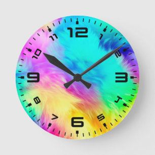 Vivid Rainbow Fluffy Fur Texture Background Design Round Clock