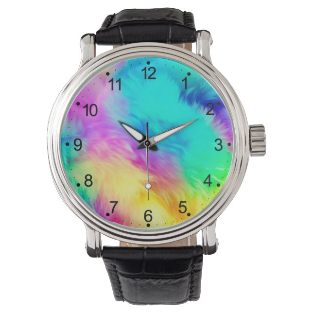 Vivid Rainbow Fluffy Fur Texture Background Design Watch (Front)