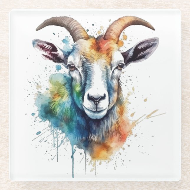 Vivid Rainbow Goat Portrait Glass Coaster (Front)