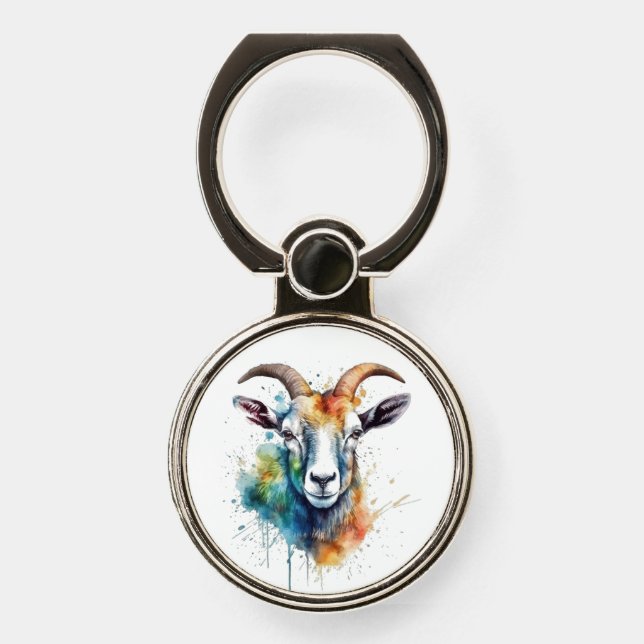 Vivid Rainbow Goat Portrait Phone Ring Stand (Front)