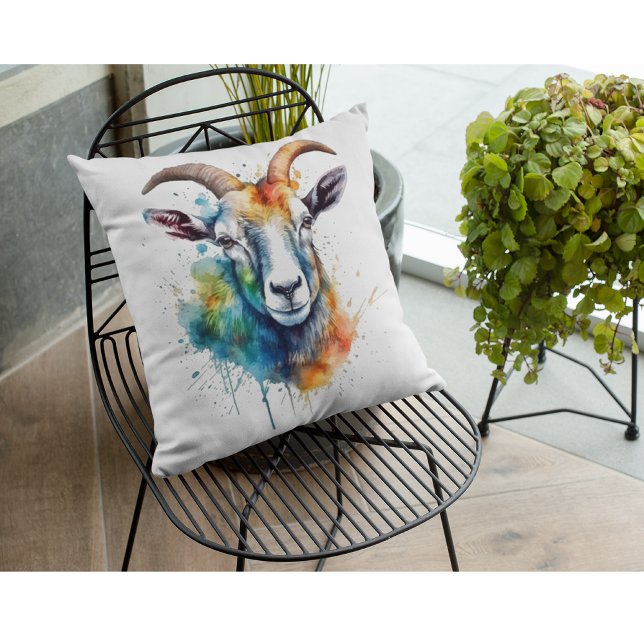 Vivid Rainbow Goat Portrait Throw Pillow (Creator Uploaded)