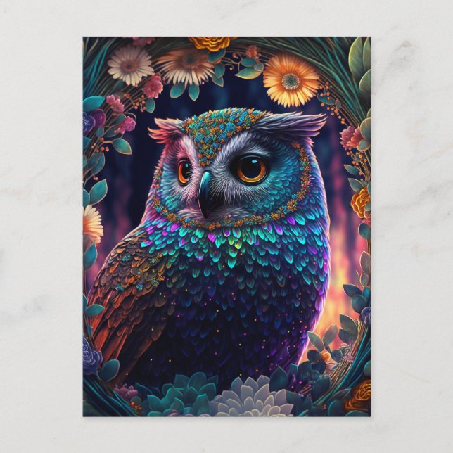 Vivid Rainbow Owl Art Postcard (Front)