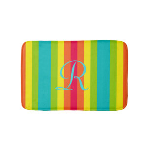 Vivid Rainbow Striped Aqua Monogram Plush Bathroom Mat