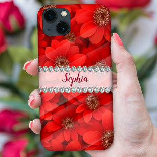 Vivid Red 3D flowers, diamond frame custom iPhone 13 Case