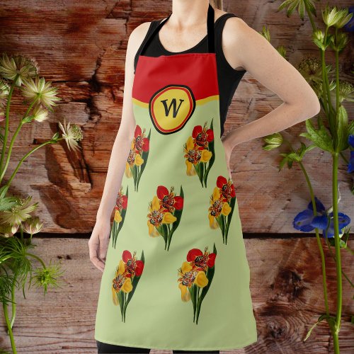 Vivid Red and Gold Lilies with Mint Red and Gold Apron