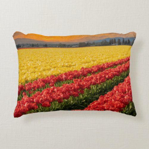 Vivid Red and Gold Tulips in Skagit County Accent Pillow
