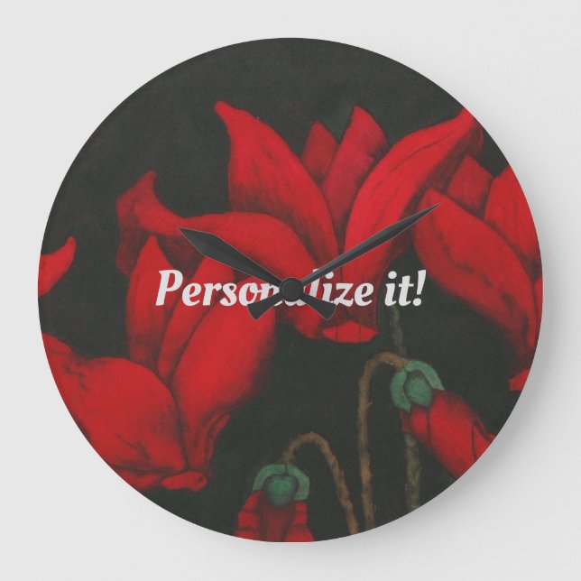 Vivid red Cyclamen on a dark black background Large Clock (Front)