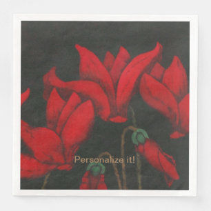 Vivid red Cyclamen on a dark black background Paper Dinner Napkins