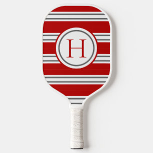 Vivid Red & Gray Modern Striped Monogram Pickleball Paddle