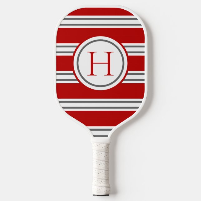 Vivid Red & Gray Modern Striped Monogram Pickleball Paddle (Front)