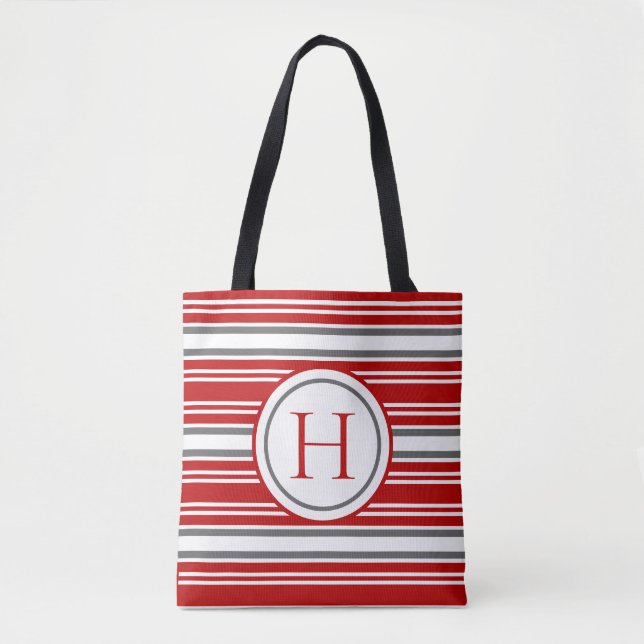Vivid Red & Gray Modern Striped Tote Bag (Front)