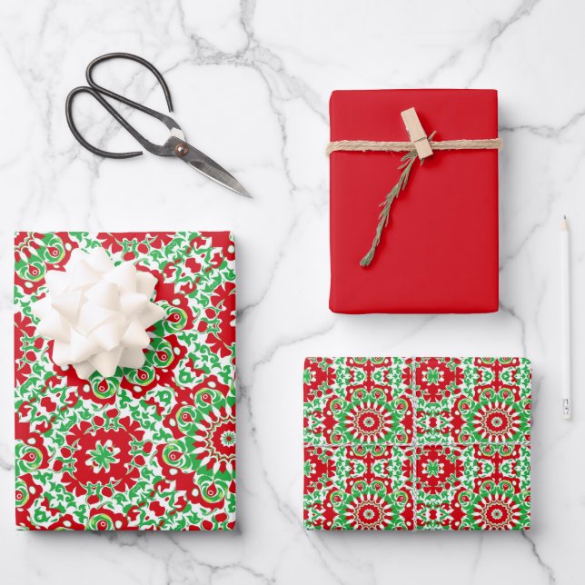 Vivid Red, Green & White Pattern Wrapping Paper Sheets (Front)