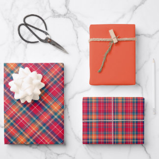 Vivid Red, Orange & Blue Plaid Wrapping Paper Sheets