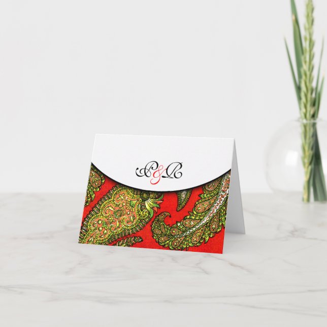 Vivid Red Paisley Monogrammed Note Card (Front)