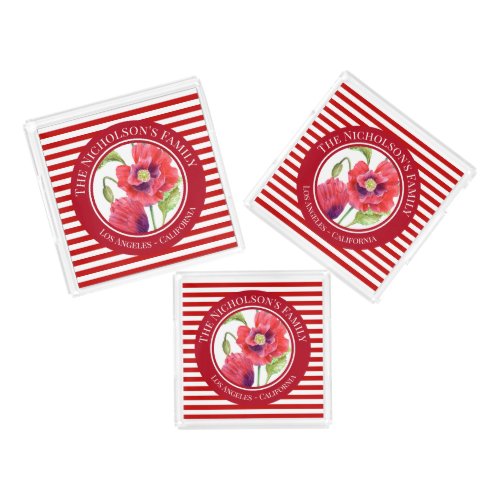 Vivid Red Poppies Floral Circle White Stripes Acrylic Tray