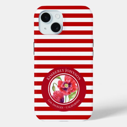 Vivid Red Poppies Floral Circle White Stripes iPhone 15 Case