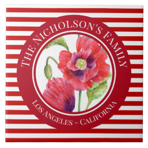 Vivid Red Poppies Floral Circle White Stripes Ceramic Tile