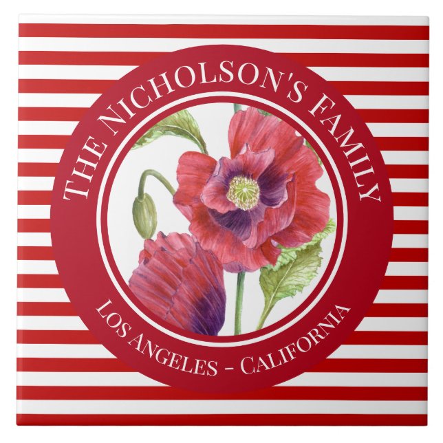 Vivid Red Poppies Floral Circle White Stripes Ceramic Tile (Front)