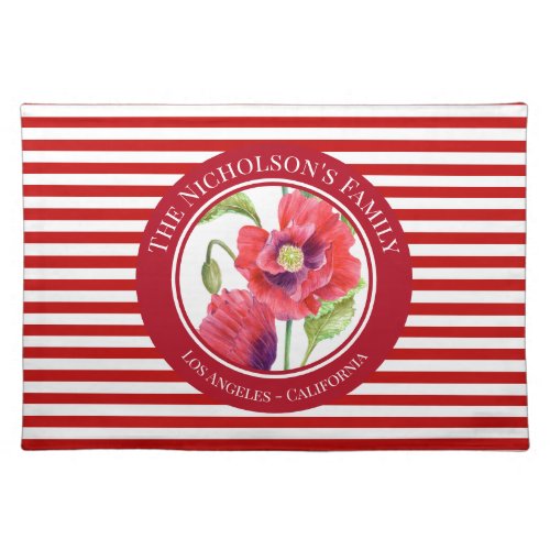 Vivid Red Poppies Floral Circle White Stripes Cloth Placemat