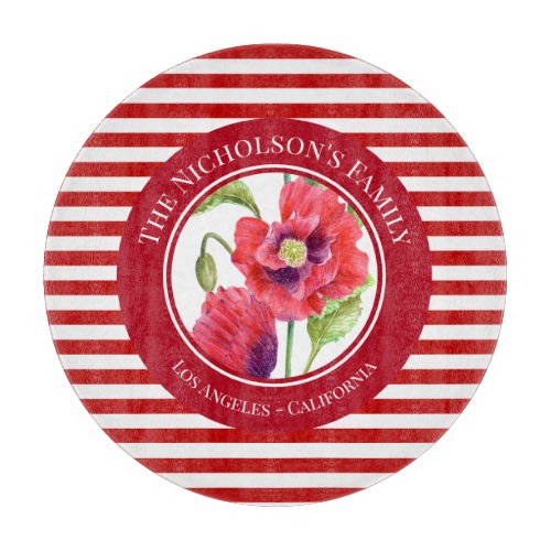 Vivid Red Poppies Floral Circle White Stripes Cutting Board