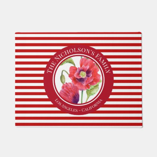 Vivid Red Poppies Floral Circle White Stripes Doormat