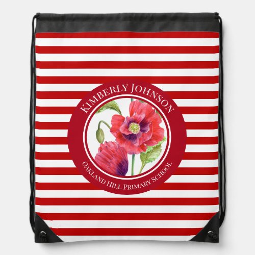 Vivid Red Poppies Floral Circle White Stripes Drawstring Bag