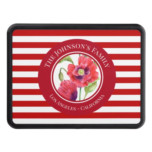 Vivid Red Poppies Floral Circle White Stripes Hitch Cover