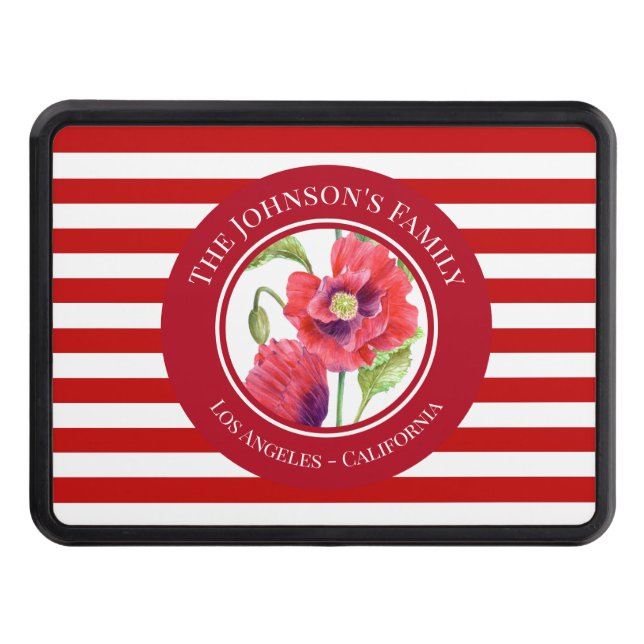 Vivid Red Poppies Floral Circle White Stripes Hitch Cover (Front)