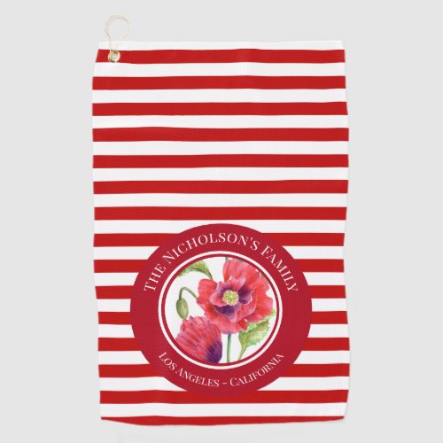 Vivid Red Poppies Floral Circle White Stripes Kitc Golf Towel