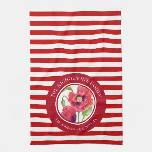 Vivid Red Poppies Floral Circle White Stripes Kitchen Towel