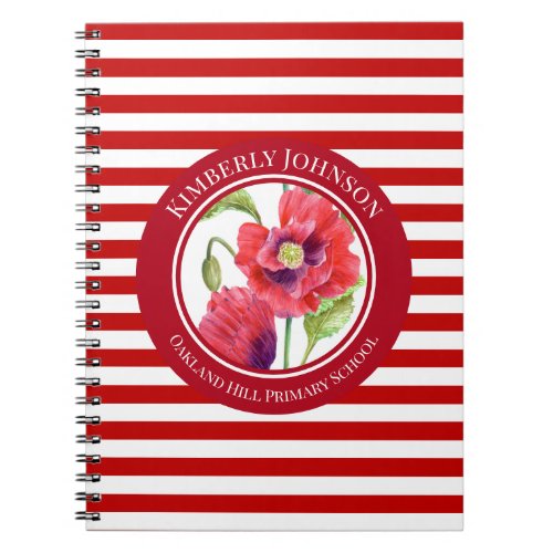 Vivid Red Poppies Floral Circle White Stripes Notebook