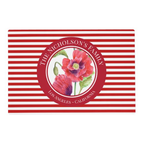 Vivid Red Poppies Floral Circle White Stripes Placemat