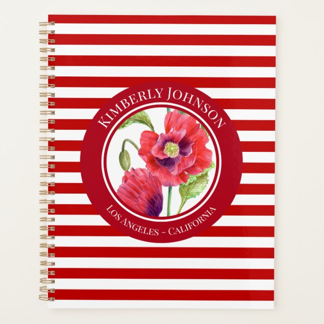 Vivid Red Poppies Floral Circle White Stripes Planner (Front)
