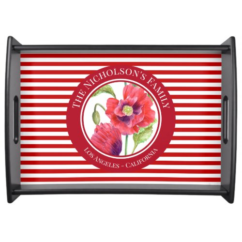 Vivid Red Poppies Floral Circle White Stripes Serving Tray