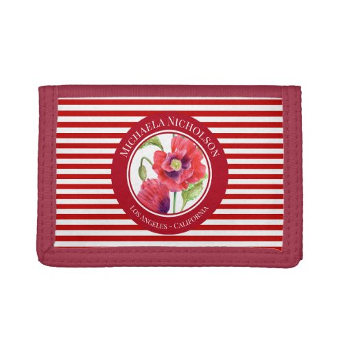 Vivid Red Poppies Floral Circle White Stripes Trifold Wallet