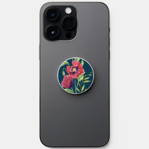 Vivid Red Poppies Floral Watercolor Dark Turquoise PopSocket