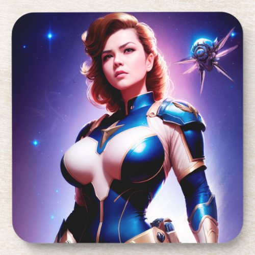 Vivid Retro 50s Female Sci Fi Space Ranger Beverage Coaster