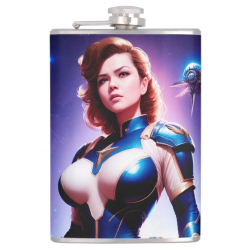 Vivid Retro 50s Female Sci Fi Space Ranger Flask