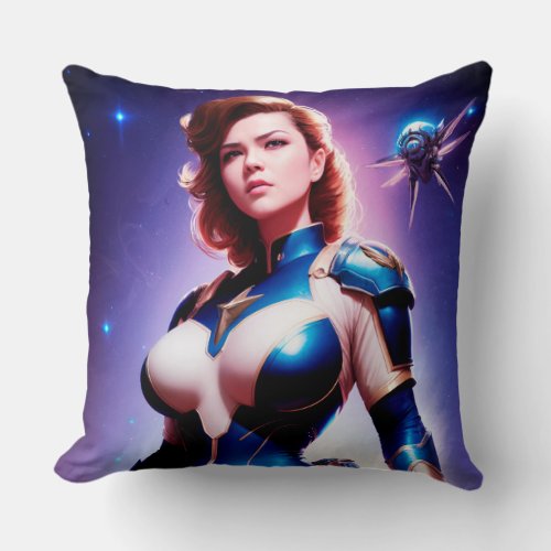 Vivid Retro 50s Female Sci Fi Space Ranger Throw Pillow